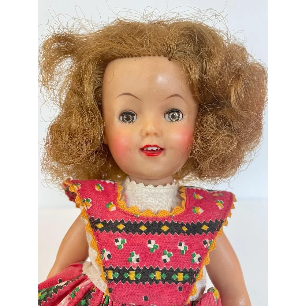 Vintage 1950's Shirley Temple Hard Plastic Sleep Eye Doll Pink Patterned Dress